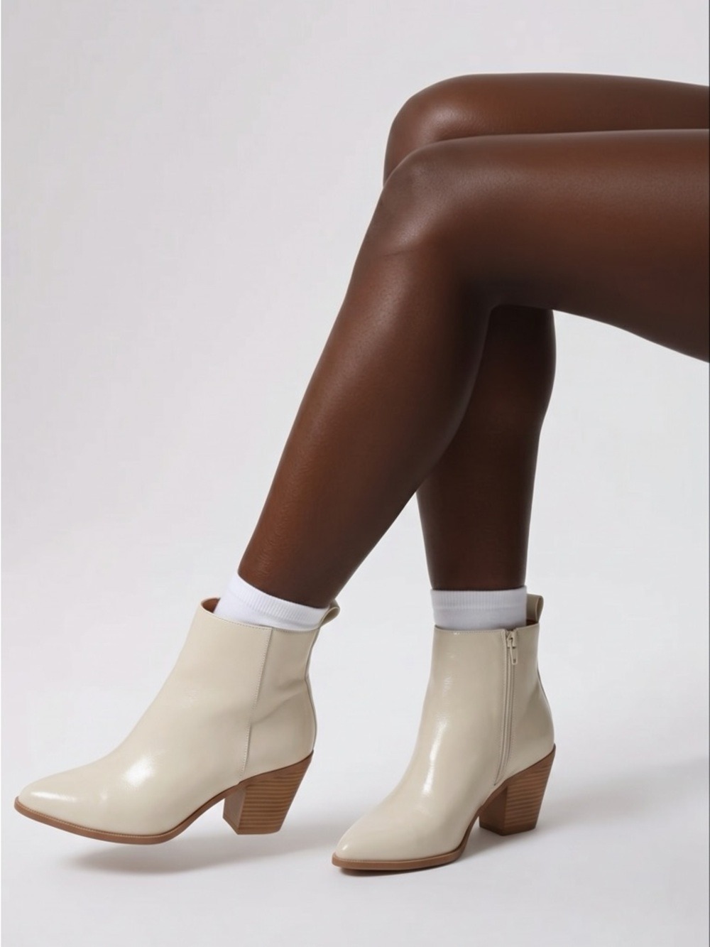 Women’s Cream Leather Ankle Booties with Stacked Heel